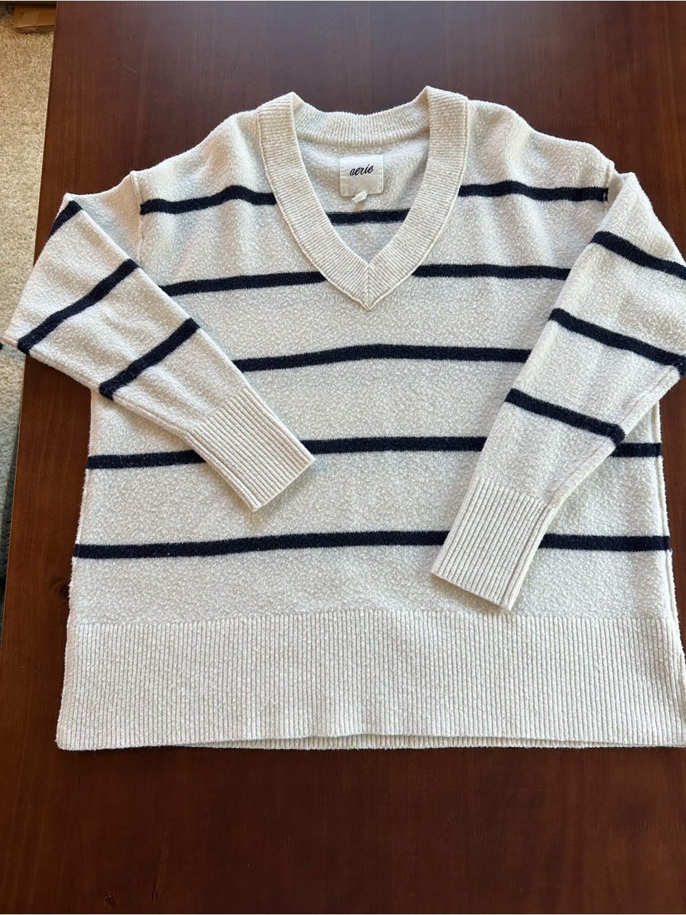 aerie Cream and Navy Stripe V-Neck Sweater